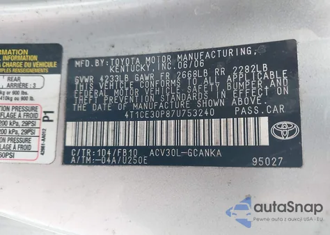 2007 Toyota Camry Solara Se from USA, damaged, VIN 4T1CE30P87U753240